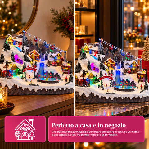 Illuminated Christmas Village with Moving Ski and Skating Rinks, LED Lights and Music – 56x37x42 cm