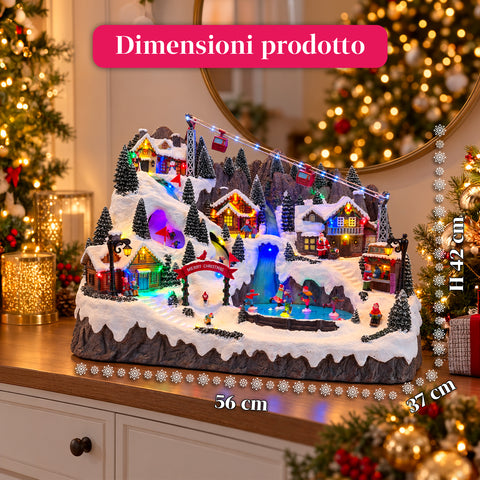 Illuminated Christmas Village with Moving Ski and Skating Rinks, LED Lights and Music – 56x37x42 cm