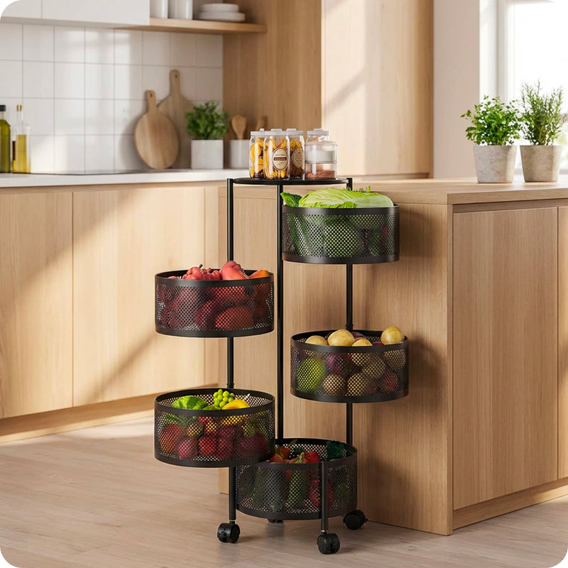 Foldable, Space-Saving Multi-Purpose Trolley with Wheels - Organizer with Baskets (3/4/5 Shelves), Black or White