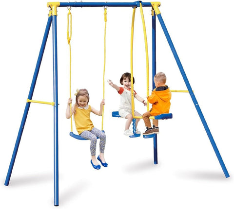 3-in-1 Blue Painted Steel Children's Swing with Seat and Horse