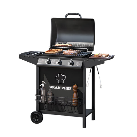 Thomas 3-Burner Gas Barbecue in Black Steel with Wheels