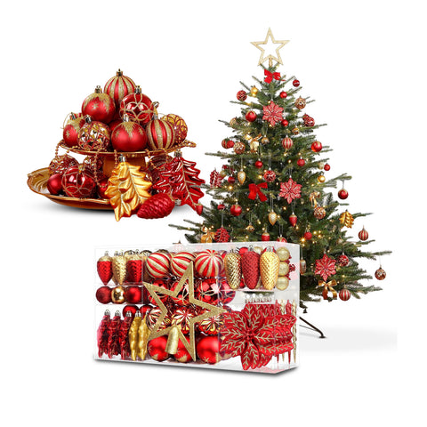 106-Piece Red and Gold Christmas Decorations Set – With Glitter Stars and Flowers