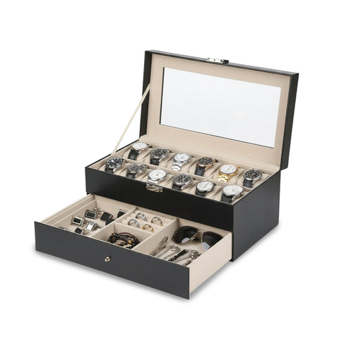 Black leather watch and jewelry organizer with glass lid