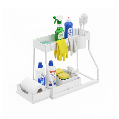 Space-Saving Pull-Out Organizer with Basket and Hooks for Bathroom or Kitchen