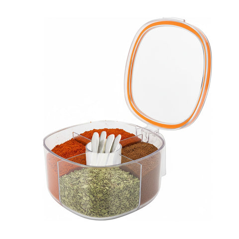 Kitchen Spice Organizer with 4 Compartments, Lid, and Spoons
