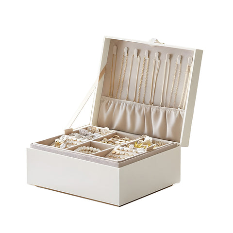 Jewelry organizer with handles, pull-out tray and necklace hooks