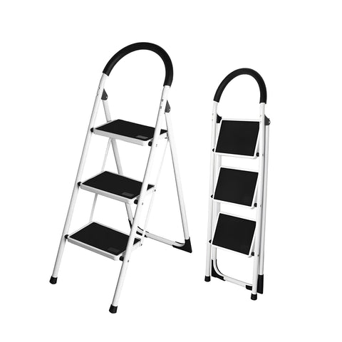 Black and White Steel Step Ladder, 3-4 Steps, 150kg Capacity for Home and Garage