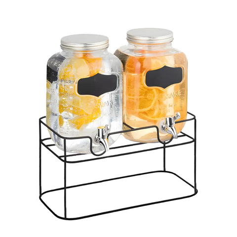 Set of 2 4L Glass Beverage Dispensers with Tap and Metal Stand