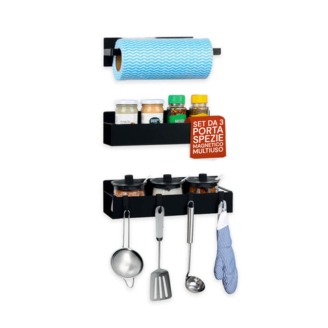 Set of 3 Magnetic Kitchen Organizers: Spice Rack, Jar Holder and Paper Towel Holder, No Drilling
