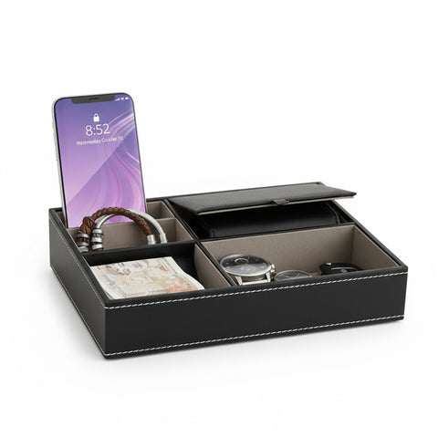 Entryway Organizer Tray – 5 Compartments in Faux Leather with Lid