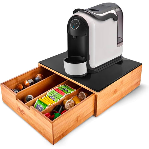 Bamboo Drawer for Coffee Capsules and Pods with Glass Shelf