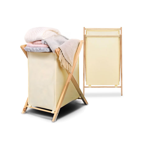 Foldable laundry hamper in wood and ecru fabric