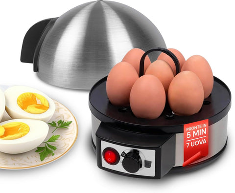 Electric Egg Cooker for 7 Eggs in Stainless Steel with Timer and Measuring Cup