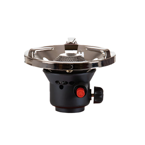 Camping stove with piezo ignition and 7/16 valve cartridges