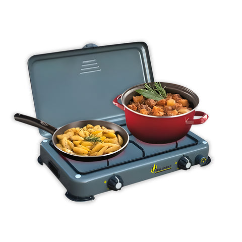 Gray Stainless Steel Outdoor 2-Burner Stove for Heating and Cooking at Campsites