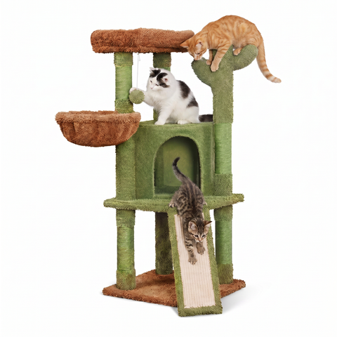 Cactus-Shaped Cat Scratching Tree 106,5 cm - in Natural Sisal with House, Basket Bed and Toy Ball