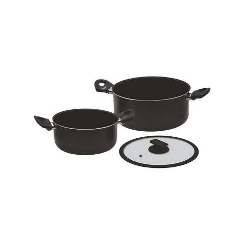 Set of 2 aluminum saucepans with glass lids 20/24cm Black