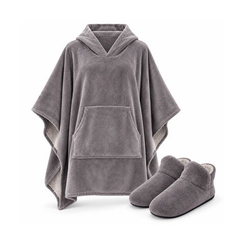 Wearable terry cloth blanket with hood, kangaroo pocket, and matching slippers: one size, in fuchsia, aqua green, or gray