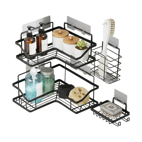 Set of 4 Adhesive Metal Wall Shelves with Hooks - No Drilling