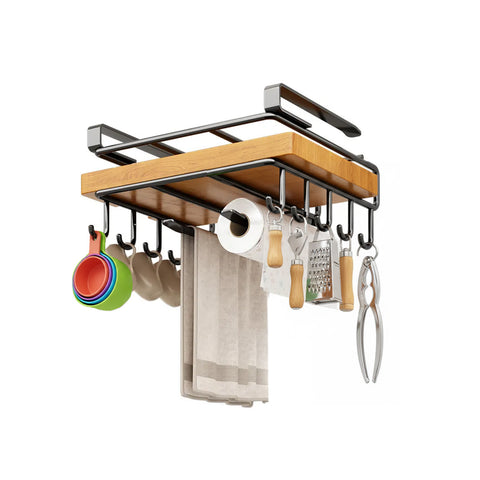 Space-Saving Under-Cabinet Kitchen Shelf with Hooks and Paper Towel Holder