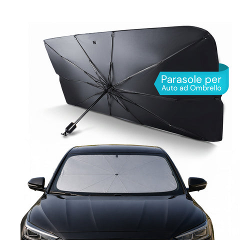 Umbrella-Style Car Sunshade – Universal UV Ray Protection – Dimensions 140x80cm – 10-Iron-Rib Structure and 170T Fabric – Foldable with Space-Saving Case – Cools the Interior