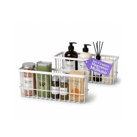 Set of 2 Multi-Purpose Steel Magnetic Baskets, Space-Saving Grid Storage Organizer, No-Drill Installation, Max. Load Capacity 5 kg