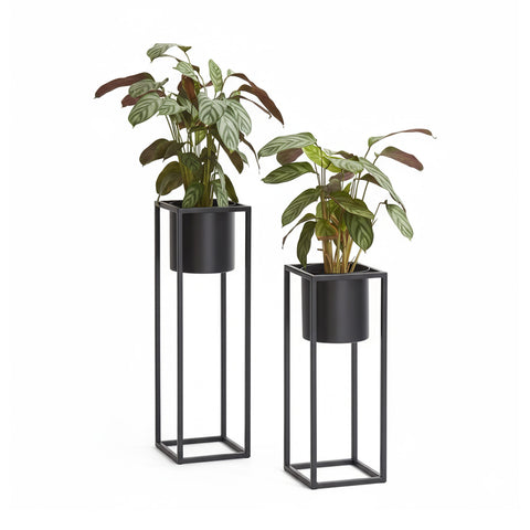 Set of 2 Plant Stands with Pots and Iron Frames in a Modern Design