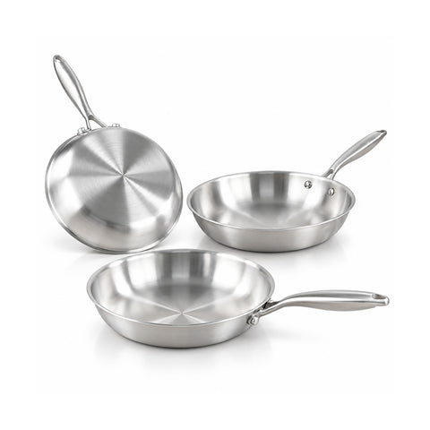 Set of 3 Tri-Ply Stainless Steel Frying Pans 20-24-28 cm | Induction-Compatible Base Suitable for All Cooktops, PFAS-Free and Oven-Safe