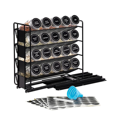 Pull-Out Cabinet Spice Rack with 20 Glass Jars and Labels