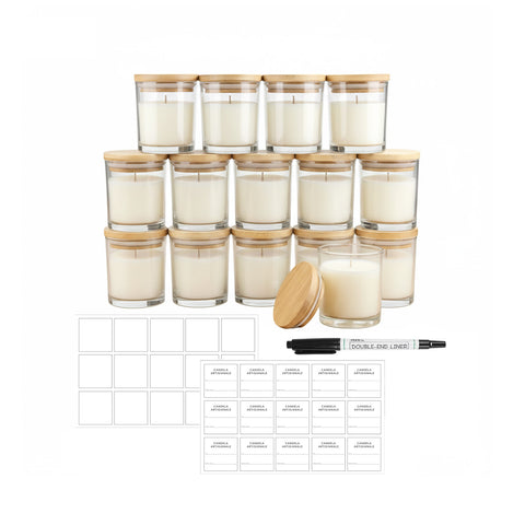 Set of 15 Glass Candle Jars, 170 ml, with Bamboo Lids