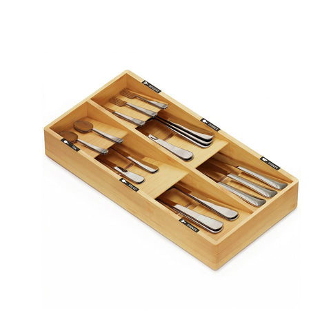 Bamboo Cutlery Organizer with 6 Compartments and Labels – for Kitchen Drawers 20x39 cm – in Natural Wood