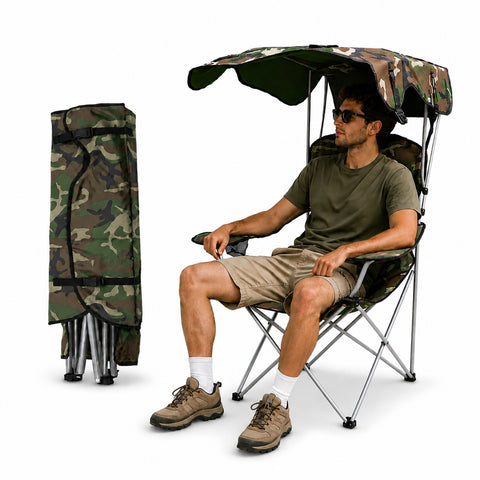Folding Camping Chair with Sun Canopy - Carbon Steel Frame, 120kg Capacity - Durable Oxford Fabric - Dimensions 53x77x130cm - Space-Saving with Carrying Case