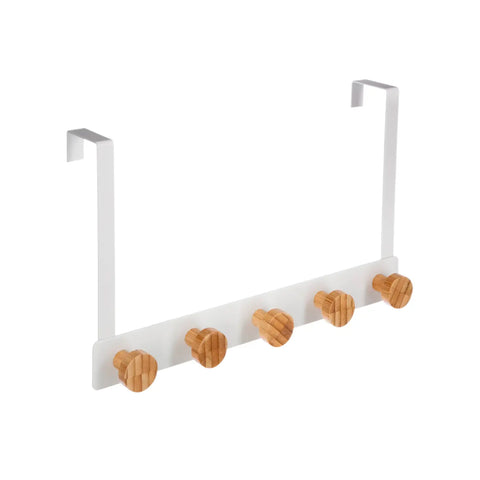 White Metal And Bamboo Coat Rack With 5 Hooks