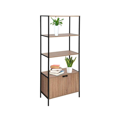 Black Bookcase Shelf with 2 Shelves and Lower Cabinet 68x35x176cm