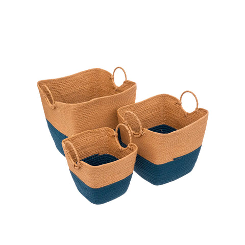 Set of 3 Wicker Baskets Solar Power Petrol Blue