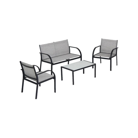 Outdoor lounge set with 2 armchairs, sofa and tempered glass table