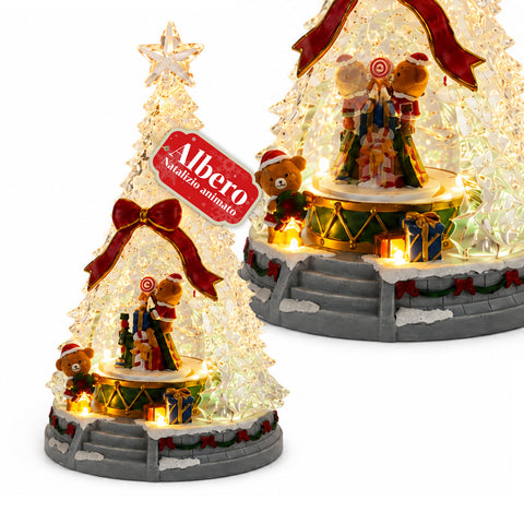 JoyTree Luminous Christmas Tree with Music and 360° Animation, LED Lights, Scene with Teddy Bears and Nutcrackers, Dual USB Power Supply, 32.5 cm