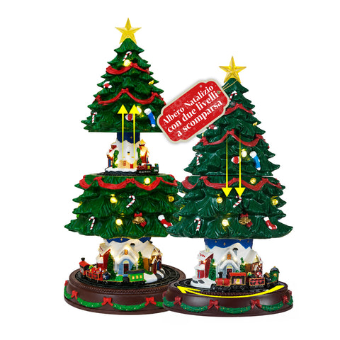 SpinPine Luminous Christmas Tree 45.5 cm with Village and Rotating Train, Warm White LED Lights, Christmas Music, USB or Battery Powered