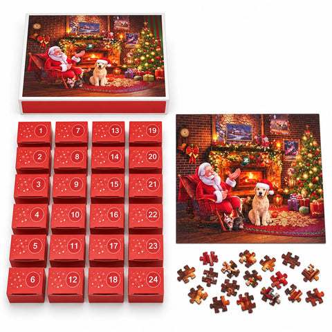 1008-Piece Advent Calendar Puzzle to Assemble in 24 Days, Christmas Scene with Santa Claus and Dog, Final Puzzle Size 70x50 cm