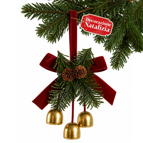 Hanging Christmas Bells with Pine Branches and Bow 12x18 cm