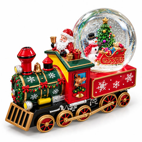 Christmas locomotive music box with glass snow globe, Santa Claus on the train, mechanical wind-up, dimensions 22x13x17,5 cm