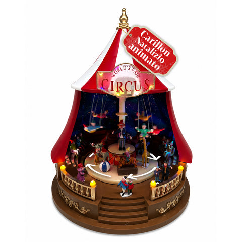 Animated Christmas Carillon CircoJoy with LED Lights and Music, Circus Tent Ø34 x H44 cm in Plastic, Rotating Scene, USB or Battery Powered