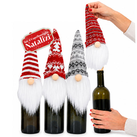 Christmas Gnome Bottle Covers Set of 4 with Wool Hats