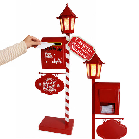 DeerPost Christmas Mailbox with LED Lantern and Rear Door, Metal Decoration with Hanging Sign, 92.5 cm High