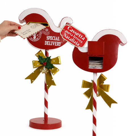 FlyPost, sleigh-shaped Christmas letterbox, metal, dimensions 23x14x50 cm, large capacity, golden bow, supporting base