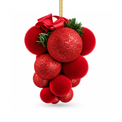 Christmas bauble cluster to hang with 17 baubles from 4 to 7 cm, bow and wire hook: in red, gold or silver