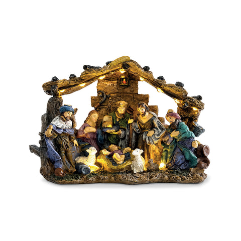 HolyGlow Nativity Scene in Polyresin with LED Lights and ON/OFF Switch, Rustic Stable and Stable Base, 23x11.5x17 cm