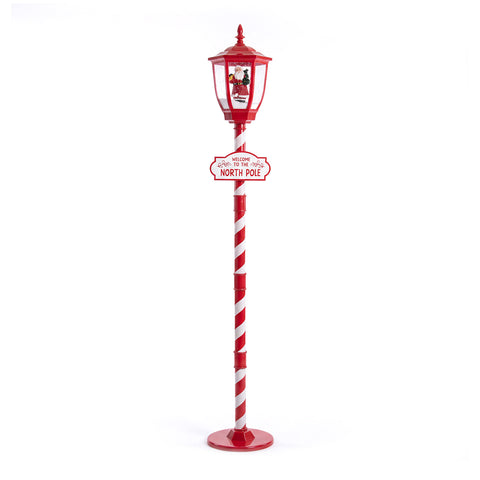 Red Christmas lamppost 180 cm with snow, LED light and music, 2 variants: Santa Claus or Teddy Bear, glass-ball effect, freestanding Christmas decoration
