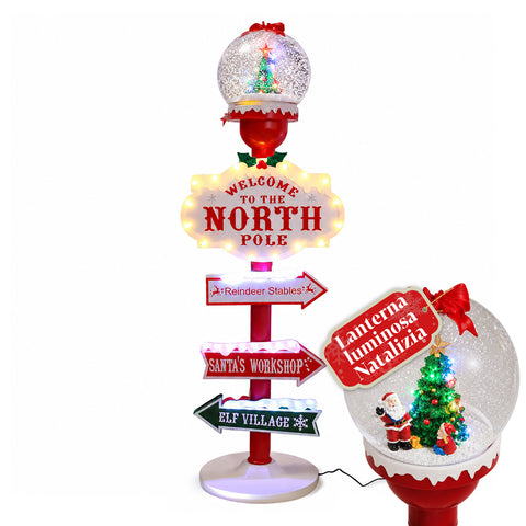 Christmas Lantern with LED Lights, Snow Effect, and North Pole Sign