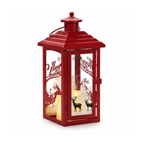 Battery-powered illuminated Christmas lantern 12x12x28 cm with reindeer